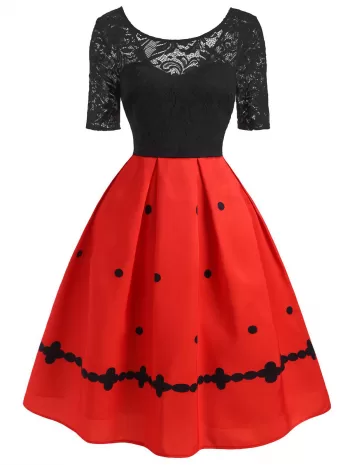 Lace Insert Polka Dot High Waisted Dress