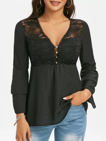 Lace Panel Layered Bell Sleeve V Neck Blouse