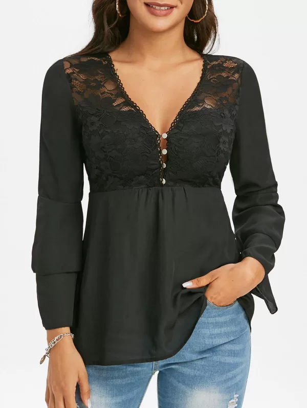 Lace Panel Layered Bell Sleeve V Neck Blouse