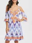 Lace Panel Printed Cold Shoulder Mini Dress