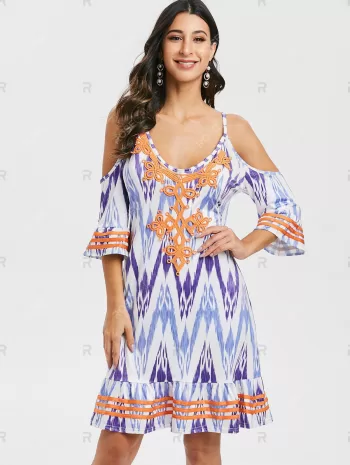 Lace Panel Printed Cold Shoulder Mini Dress