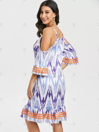 Lace Panel Printed Cold Shoulder Mini Dress