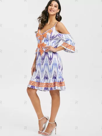 Lace Panel Printed Cold Shoulder Mini Dress