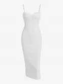 Lace Trim Ribbed Ruched Tie Collar Slinky Dress