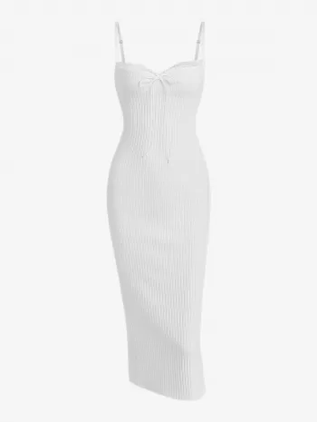 Lace Trim Ribbed Ruched Tie Collar Slinky Dress