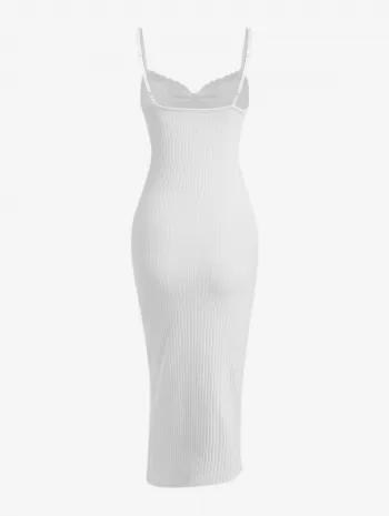 Lace Trim Ribbed Ruched Tie Collar Slinky Dress