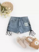 Lace Up Distressed Cut Off Denim Shorts