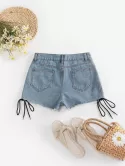 Lace Up Distressed Cut Off Denim Shorts