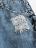Lace Up Distressed Cut Off Denim Shorts