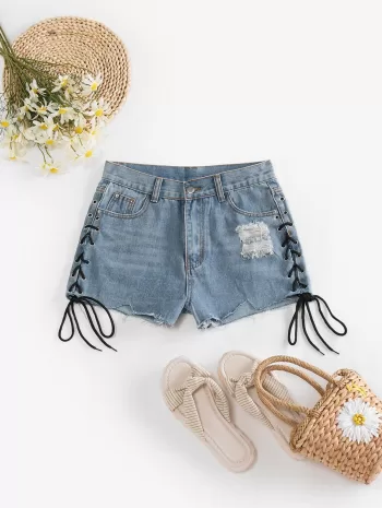 Lace Up Distressed Cut Off Denim Shorts
