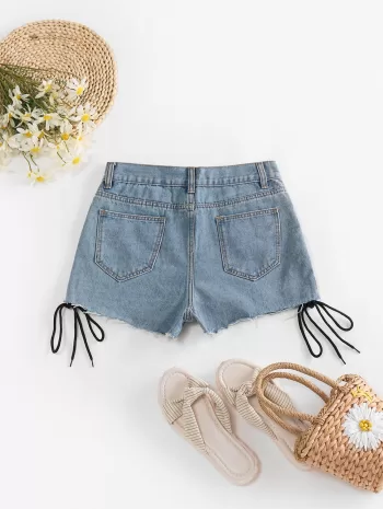 Lace Up Distressed Cut Off Denim Shorts