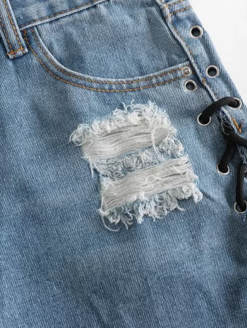 Lace Up Distressed Cut Off Denim Shorts