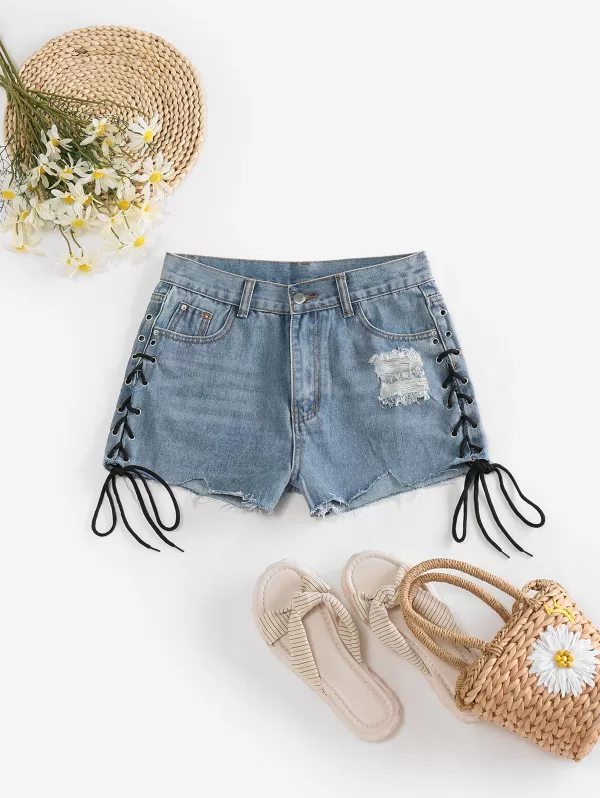 Lace Up Distressed Cut Off Denim Shorts