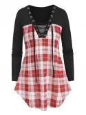 Lace Up Plaid Patch Curved T Shirt