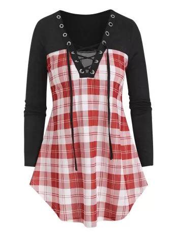 Lace Up Plaid Patch Curved T Shirt