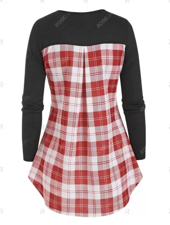 Lace Up Plaid Patch Curved T Shirt