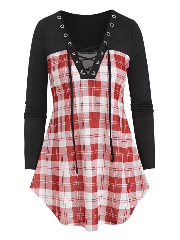 Lace Up Plaid Patch Curved T Shirt