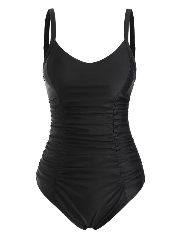 Ladder Cut Ruched Tummy Control One-piece Swimsuit