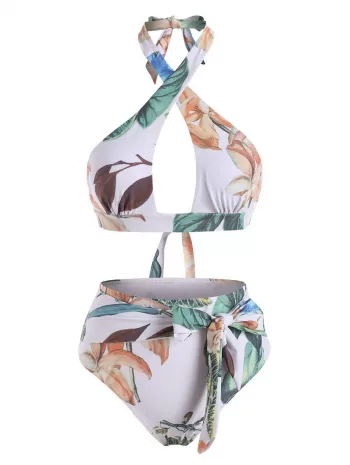 Leaf Flower Print Halter Belted Bikini Swimwear