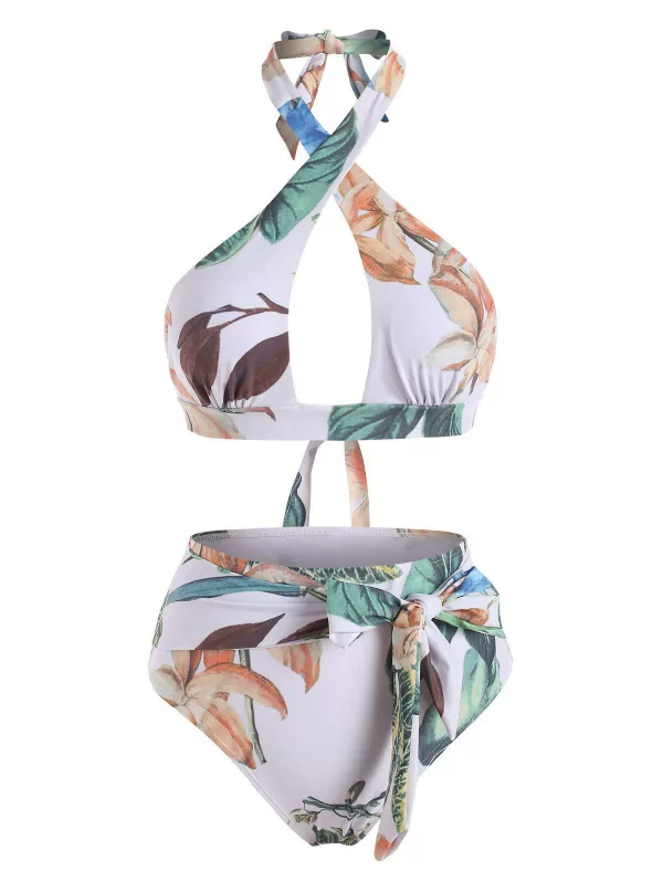 Leaf Flower Print Halter Belted Bikini Swimwear