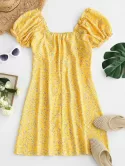 Leaf Print Frilled Button Down Milkmaid Dress