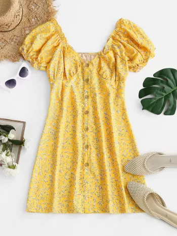 Leaf Print Frilled Button Down Milkmaid Dress