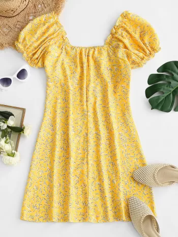 Leaf Print Frilled Button Down Milkmaid Dress