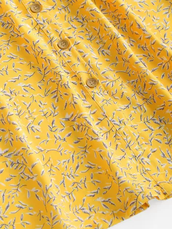 Leaf Print Frilled Button Down Milkmaid Dress