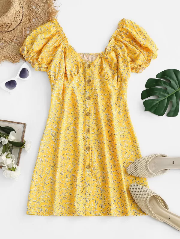 Leaf Print Frilled Button Down Milkmaid Dress