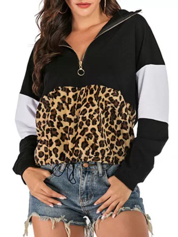 Leopard Half Zip Drop Shoulder Hoodie