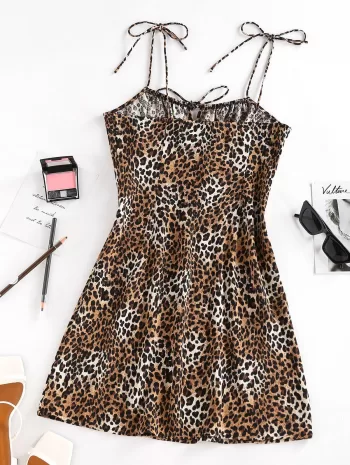 Leopard Print Slit Tie Shoulder Dress