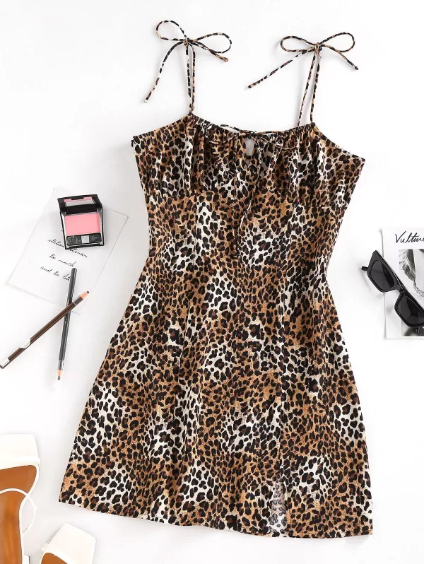 Leopard Print Slit Tie Shoulder Dress