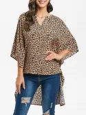 Leopard V Notched Batwing Sleeve High Low Blouse