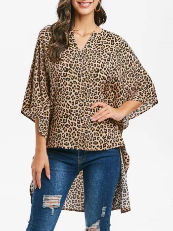 Leopard V Notched Batwing Sleeve High Low Blouse