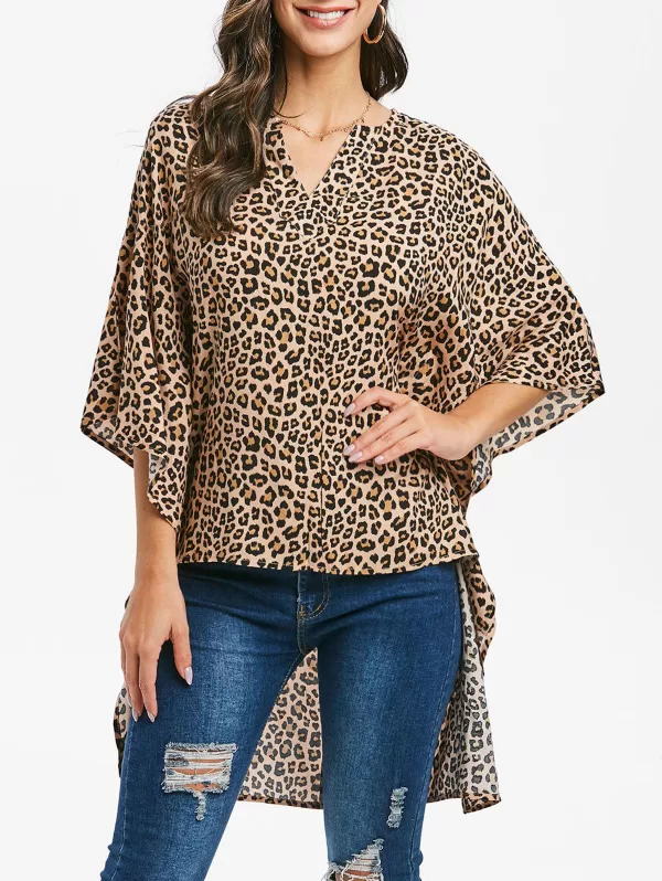 Leopard V Notched Batwing Sleeve High Low Blouse