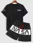 Letter Printed T-shirt And Colorblock Shorts Set