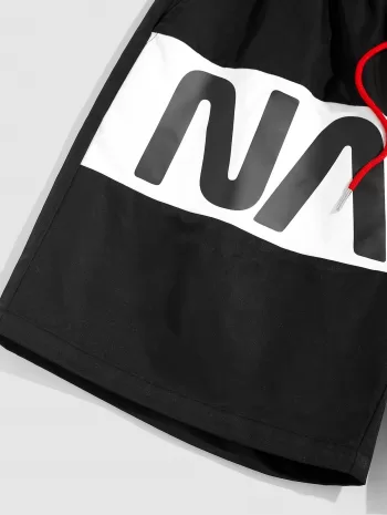 Letter Printed T-shirt And Colorblock Shorts Set