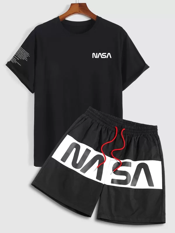 Letter Printed T-shirt And Colorblock Shorts Set