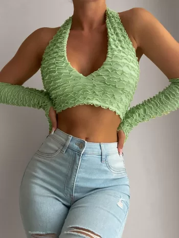 Lettuce Knotted Halter Top With Detachable Sleeves