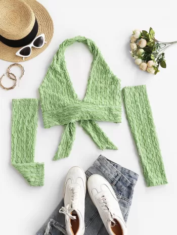 Lettuce Knotted Halter Top With Detachable Sleeves