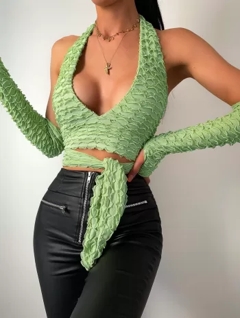 Lettuce Knotted Halter Top With Detachable Sleeves