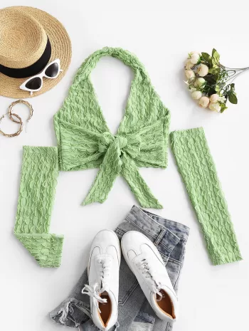 Lettuce Knotted Halter Top With Detachable Sleeves