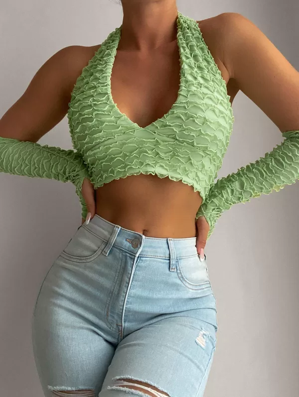 Lettuce Knotted Halter Top With Detachable Sleeves