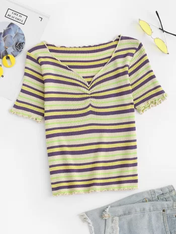 Lettuce-trim Colorful Striped Fitted Knit Top