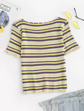 Lettuce-trim Colorful Striped Fitted Knit Top
