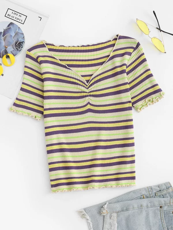 Lettuce-trim Colorful Striped Fitted Knit Top
