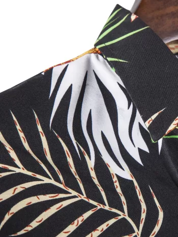 Long Sleeve Leaves Print Hawaiian Shirt