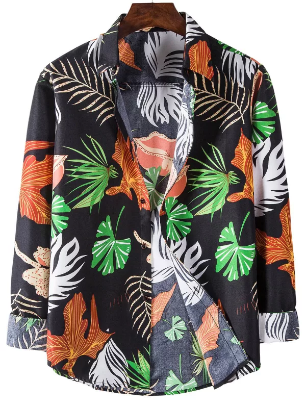 Long Sleeve Leaves Print Hawaiian Shirt
