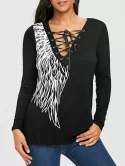 Long Sleeve Wing Print Lace Up Top