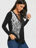 Long Sleeve Wing Print Lace Up Top